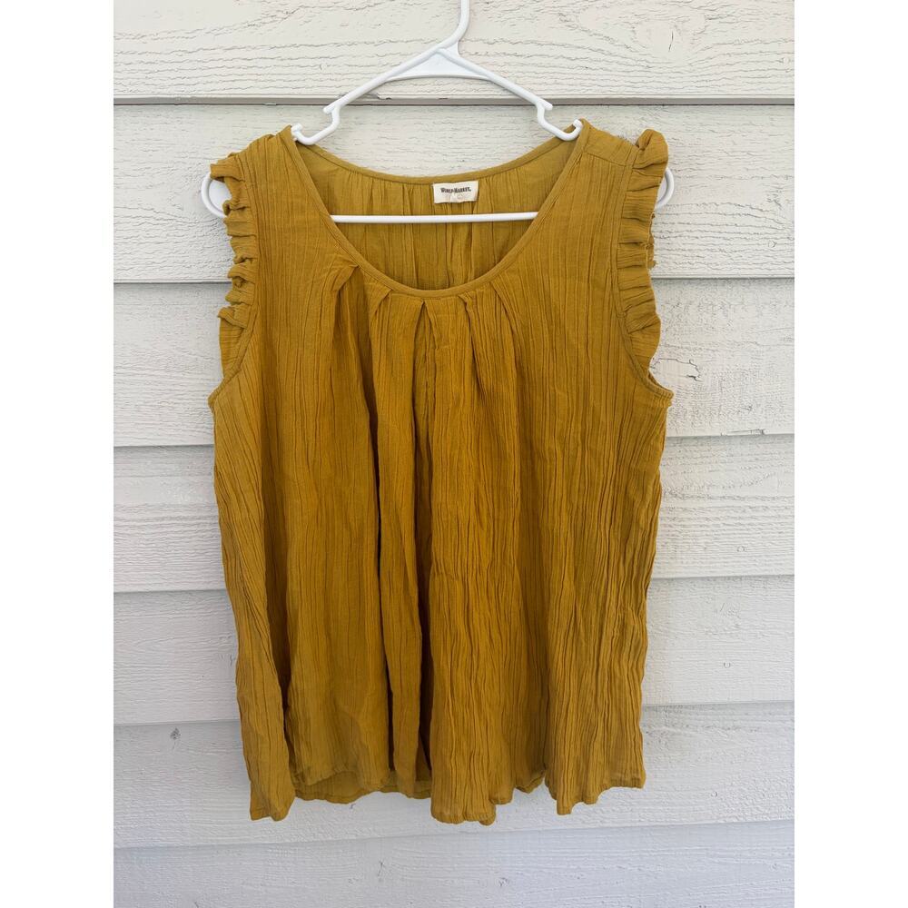World Market Mustard Yellow Ruffle Sleeve Top Size S/M Boho Lightweight - Picture 2 of 6